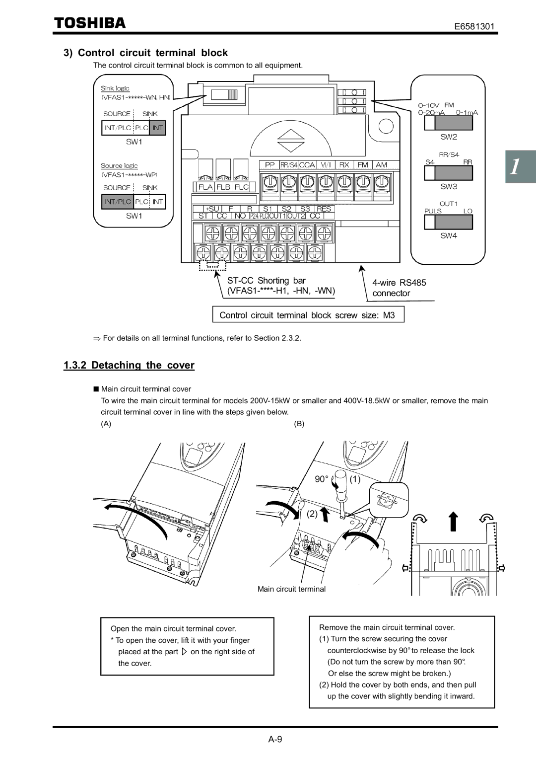 Toshiba VF-AS1 instruction manual Control circuit terminal block, Detaching the cover 