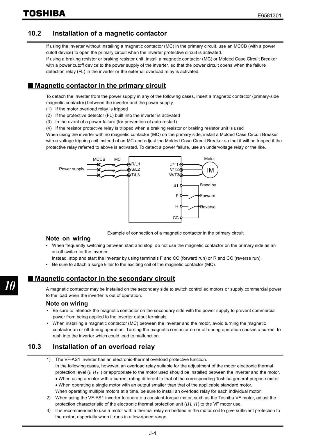 Toshiba VF-AS1 instruction manual Installation of a magnetic contactor, Magnetic contactor in the primary circuit 