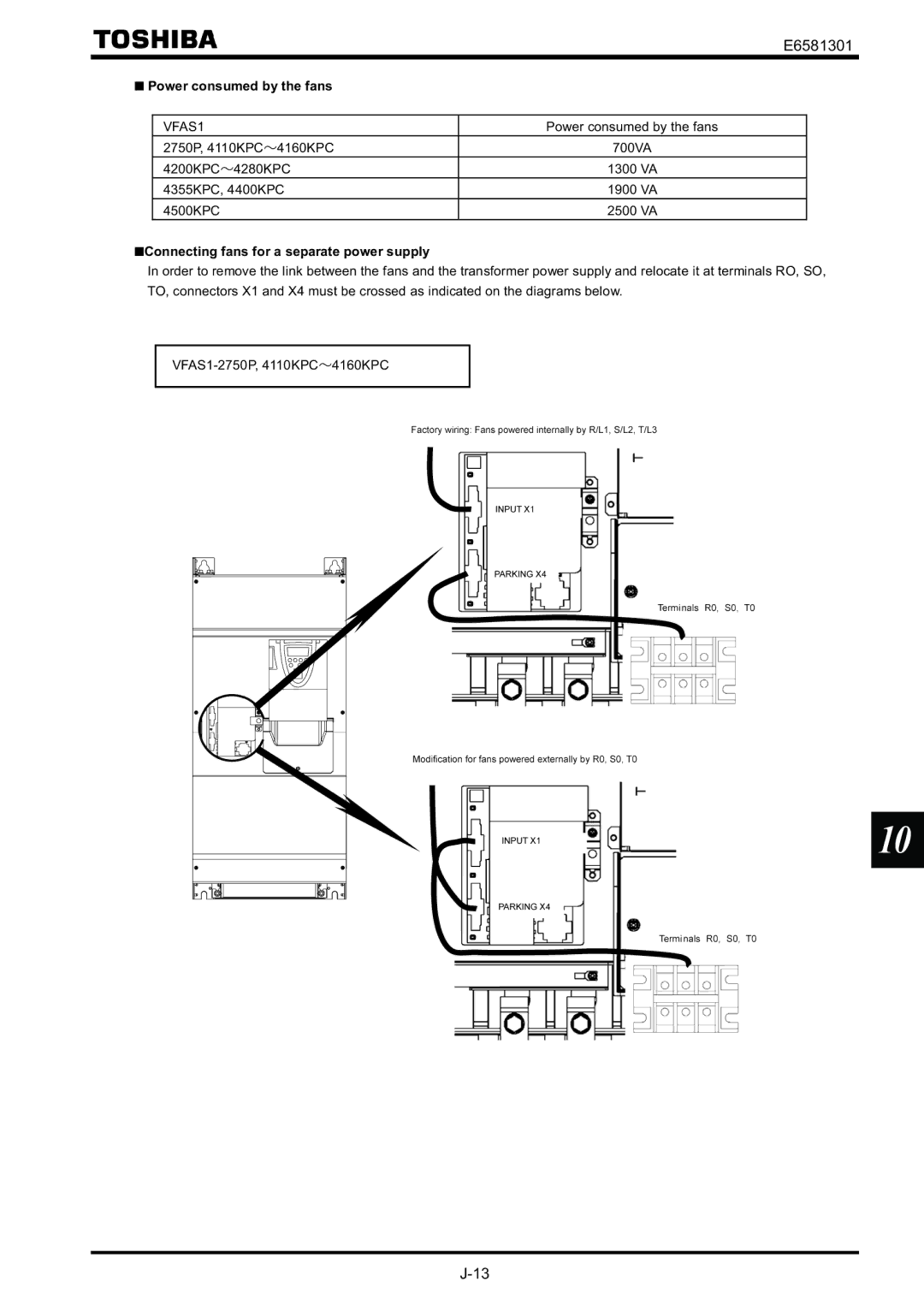 Toshiba VF-AS1 instruction manual Power consumed by the fans, VFAS1, Connecting fans for a separate power supply 