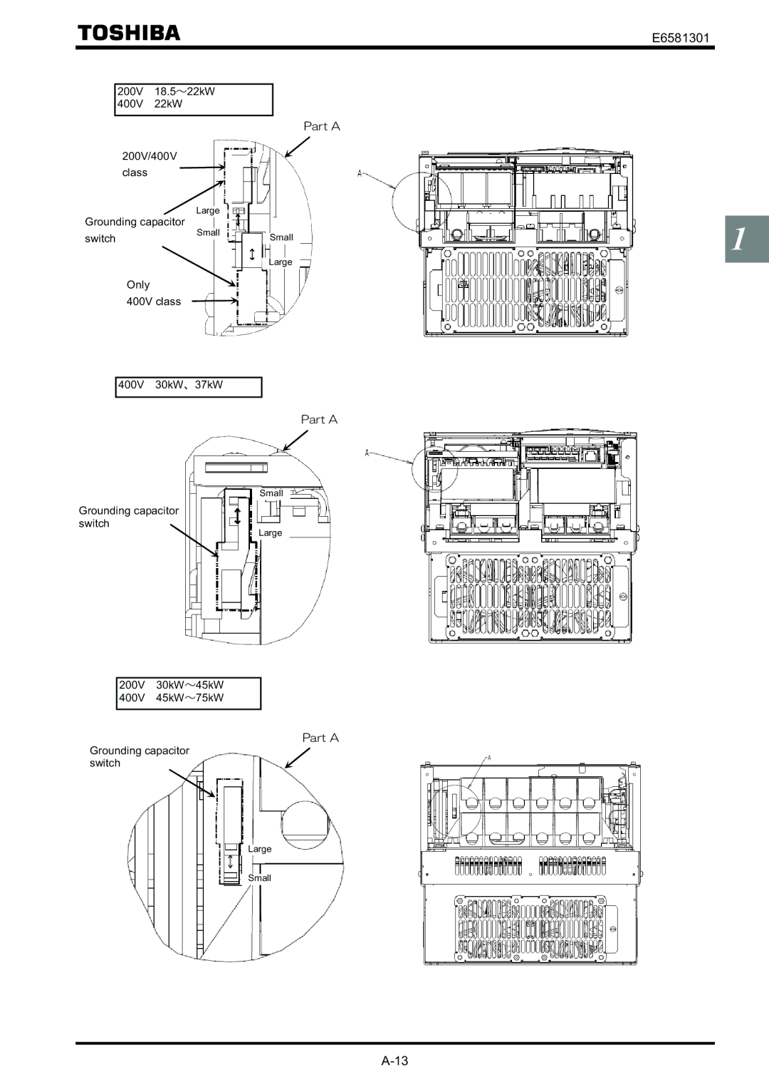 Toshiba VF-AS1 instruction manual 200V! 18.5#22kW 400V! 22kW 200V/400V Class, Grounding capacitor Switch 