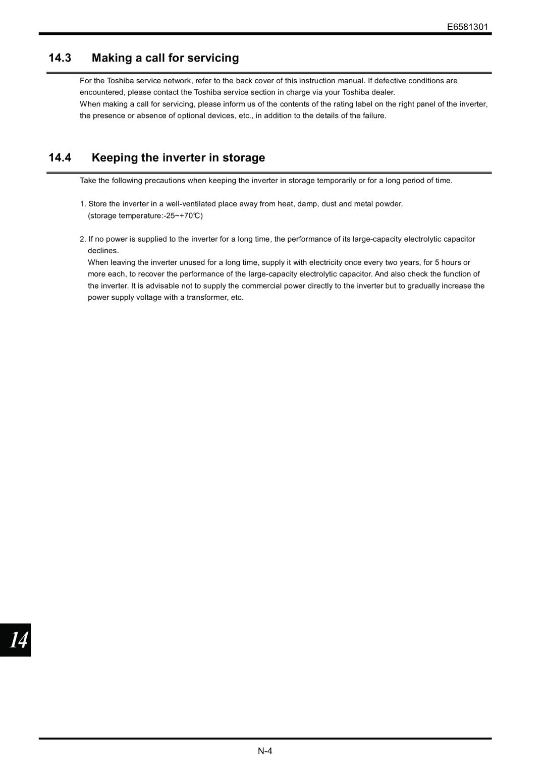 Toshiba VF-AS1 instruction manual Making a call for servicing, Keeping the inverter in storage 