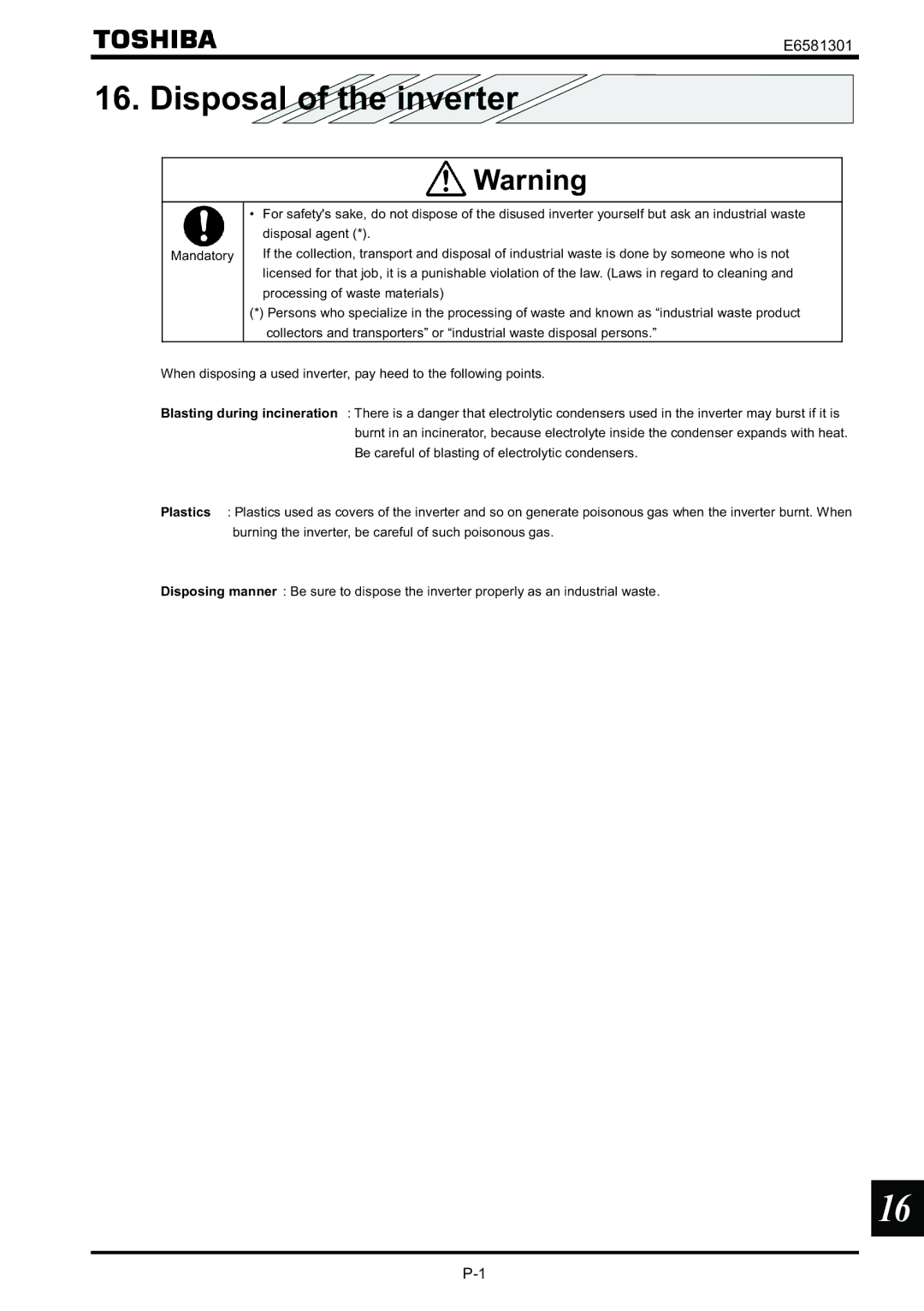 Toshiba VF-AS1 instruction manual Disposal of the inverter 