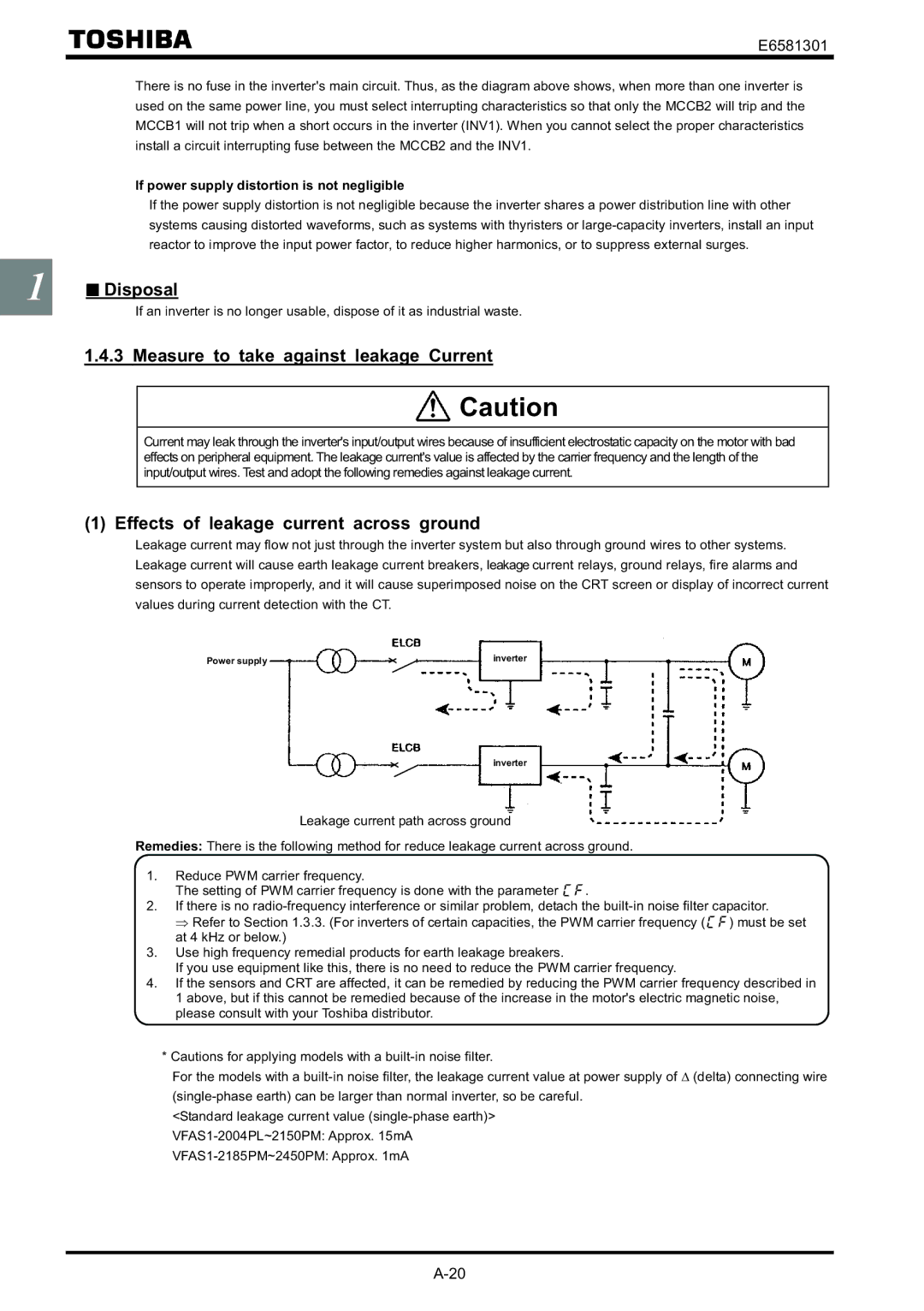 Toshiba VF-AS1 Disposal, Measure to take against leakage Current, Effects of leakage current across ground 