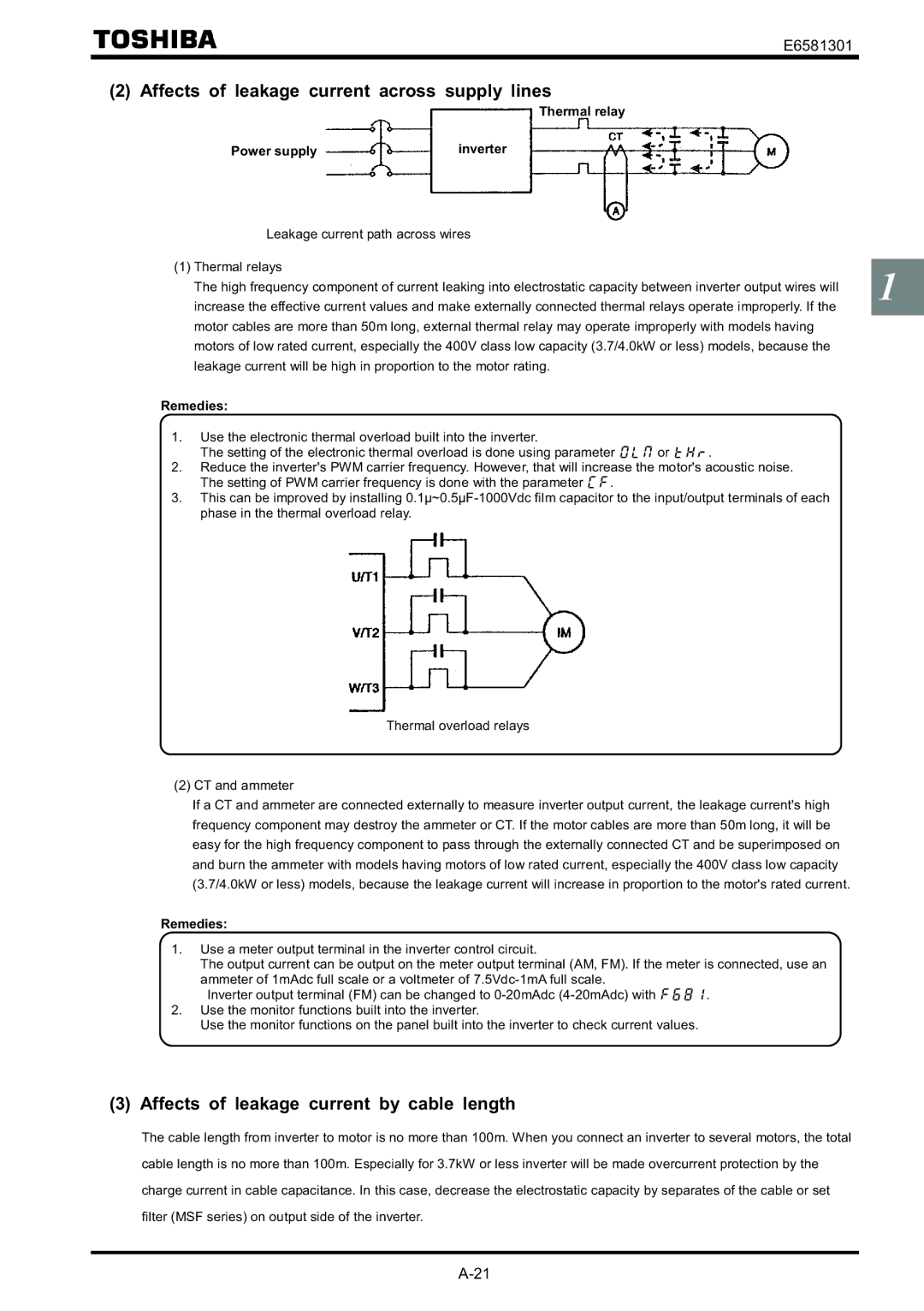 Toshiba VF-AS1 Affects of leakage current across supply lines, Affects of leakage current by cable length, Remedies 