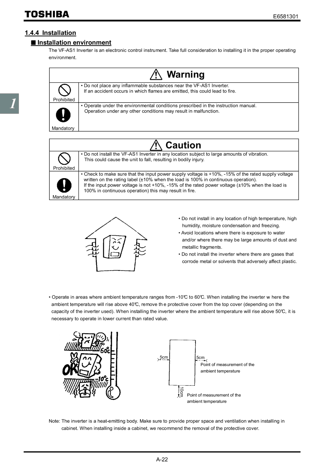 Toshiba VF-AS1 instruction manual Installation Installation environment 