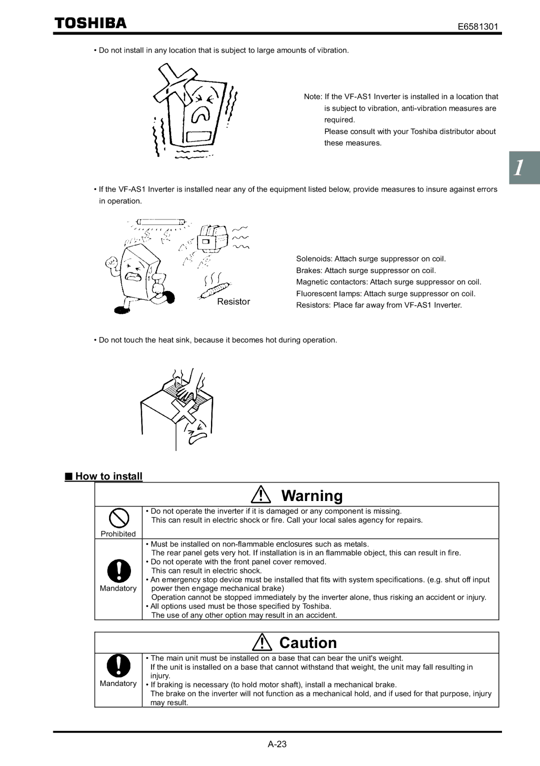 Toshiba instruction manual How to install, Resistors Place far away from VF-AS1 Inverter 