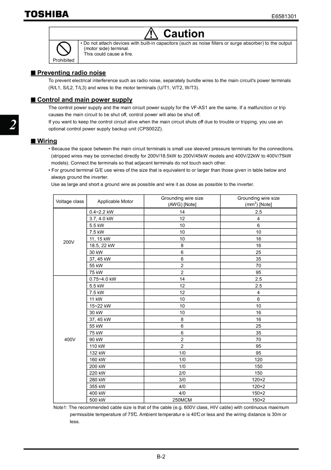 Toshiba VF-AS1 instruction manual Preventing radio noise, Control and main power supply, Wiring 