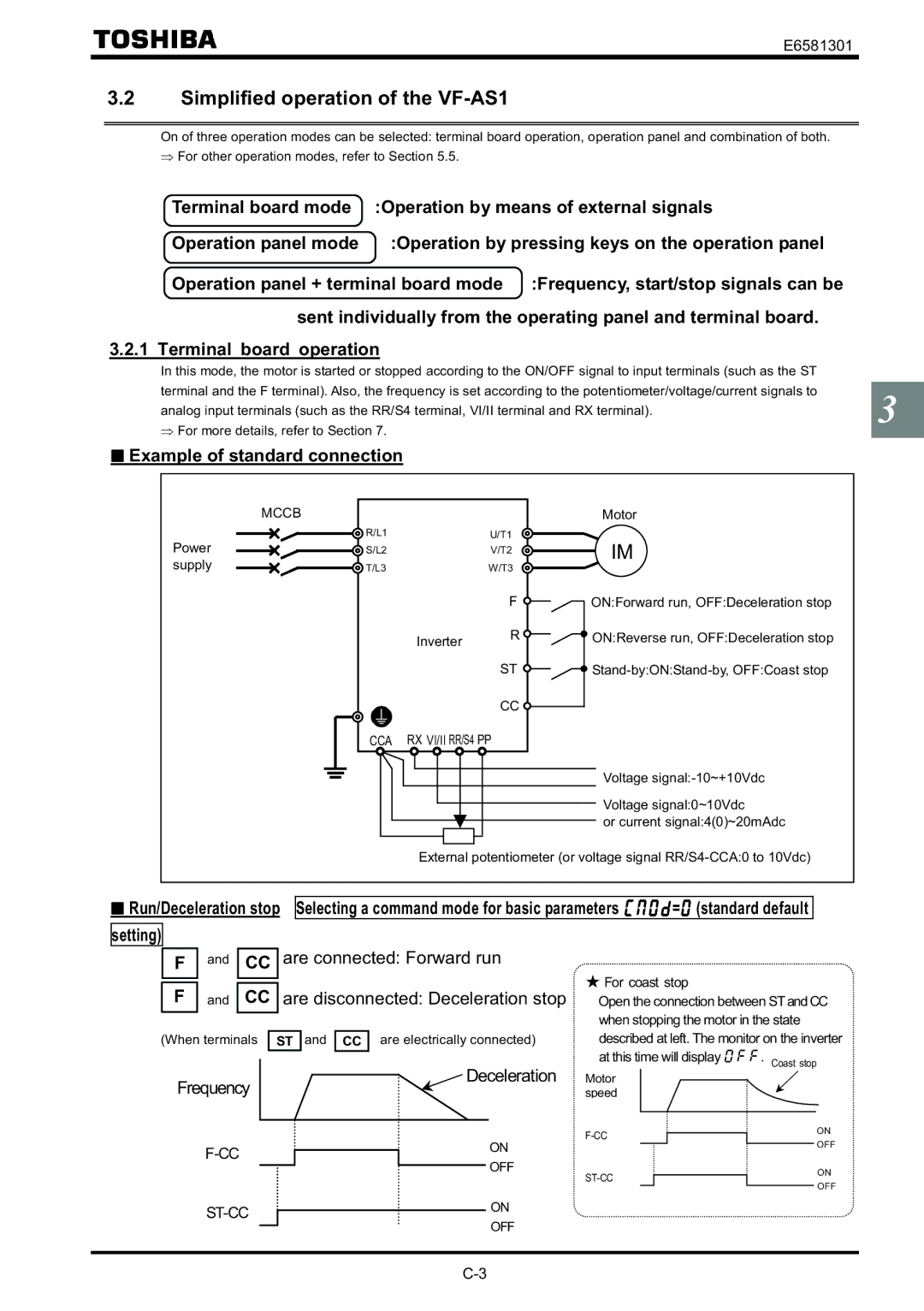 Toshiba instruction manual Simplified operation of the VF-AS1, Example of standard connection, Mccb, Off, On OFF 