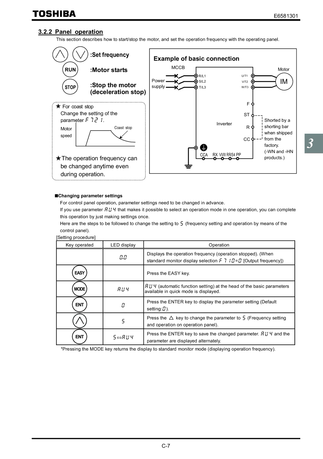 Toshiba VF-AS1 instruction manual Panel operation, Set frequency, Motor starts, Stop the motor 