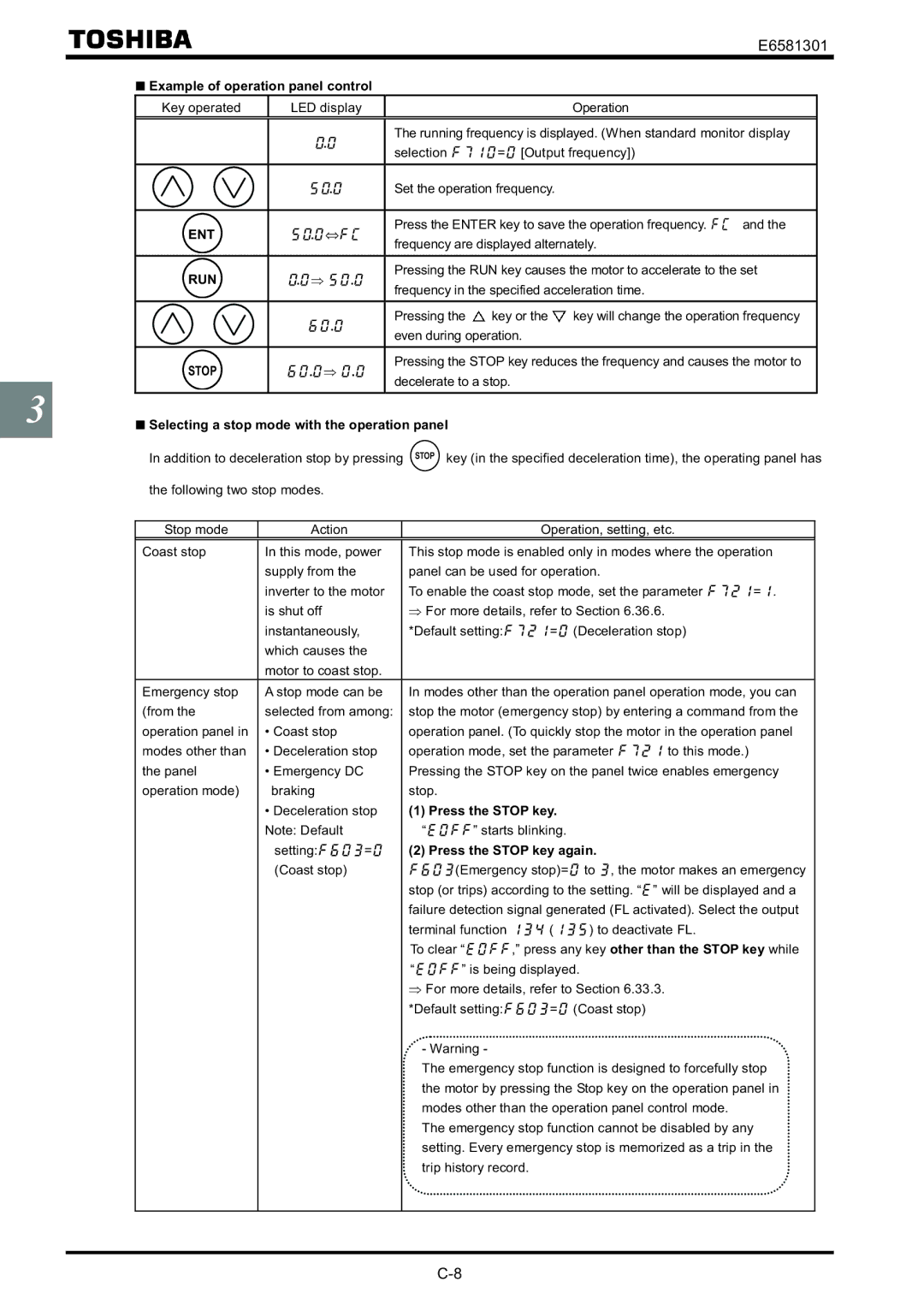 Toshiba VF-AS1 instruction manual Example of operation panel control, Selecting a stop mode with the operation panel 