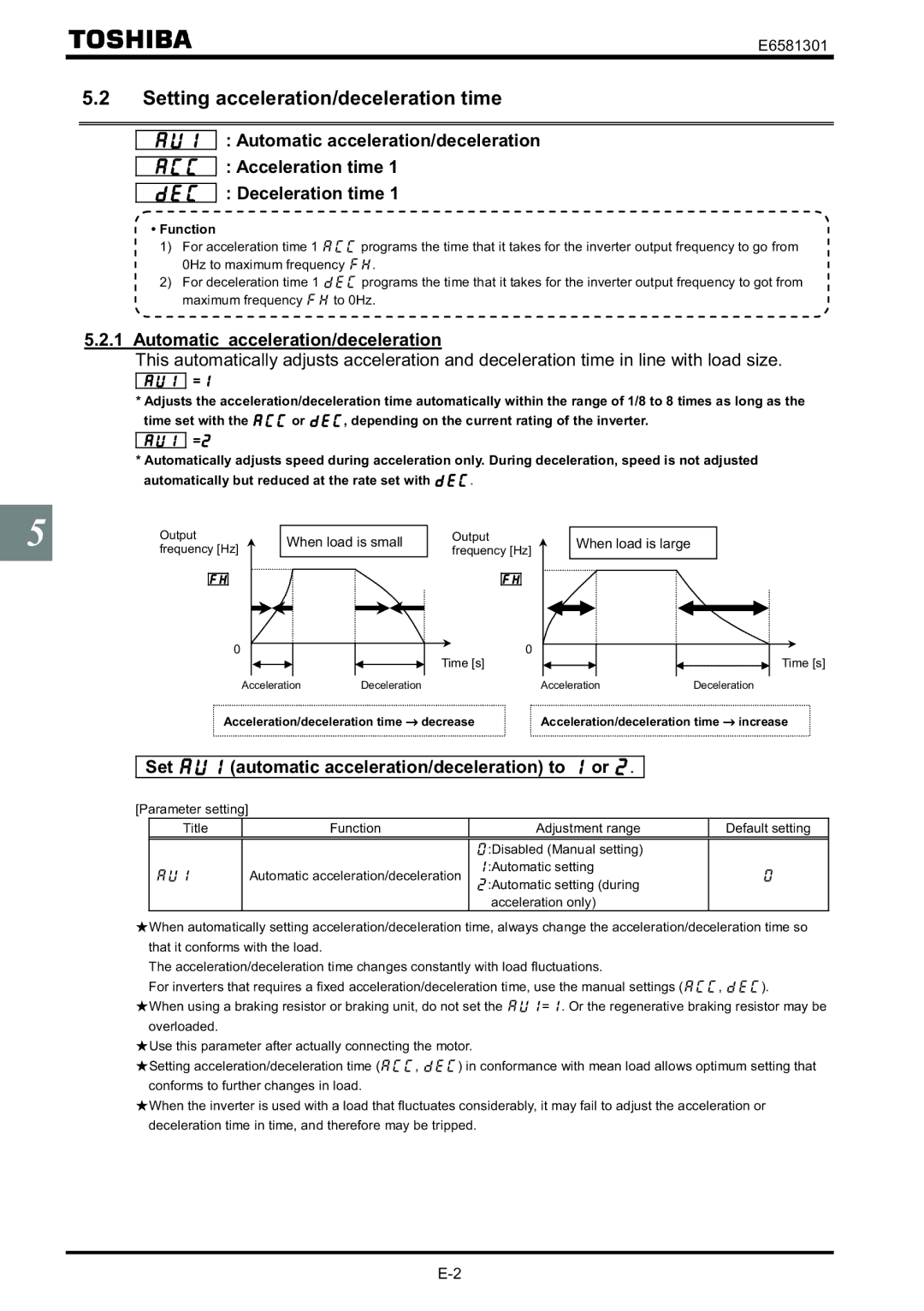 Toshiba VF-AS1 Setting acceleration/deceleration time, Automatic acceleration/deceleration, When load is small 