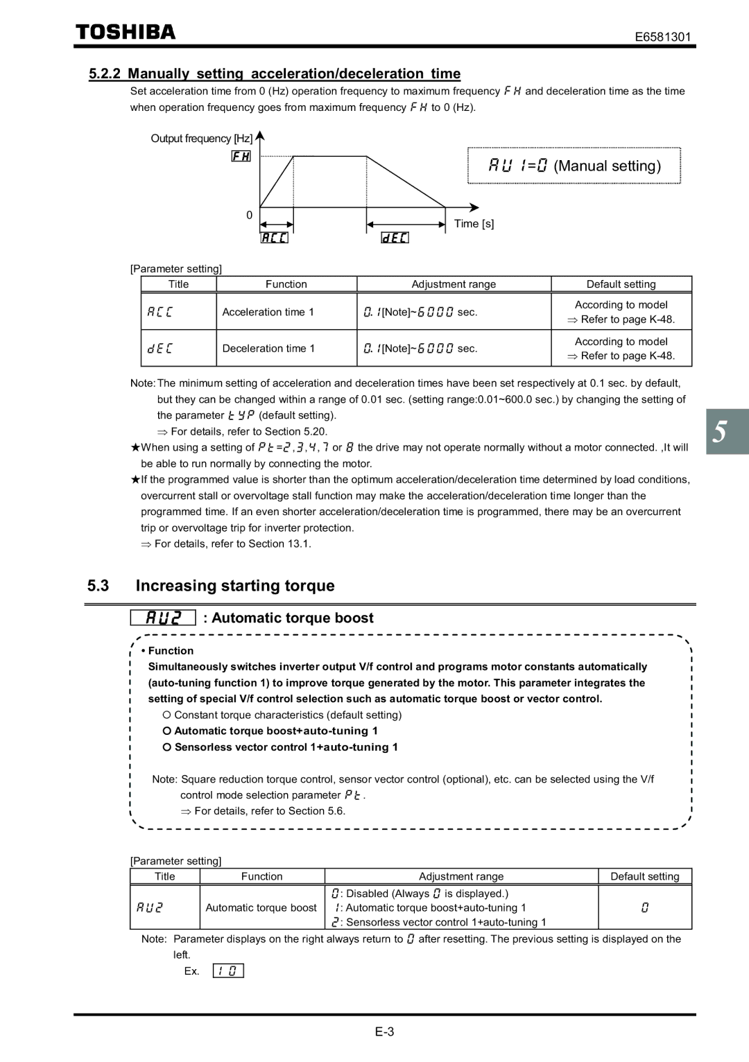 Toshiba VF-AS1 Increasing starting torque, Manually setting acceleration/deceleration time, Automatic torque boost 