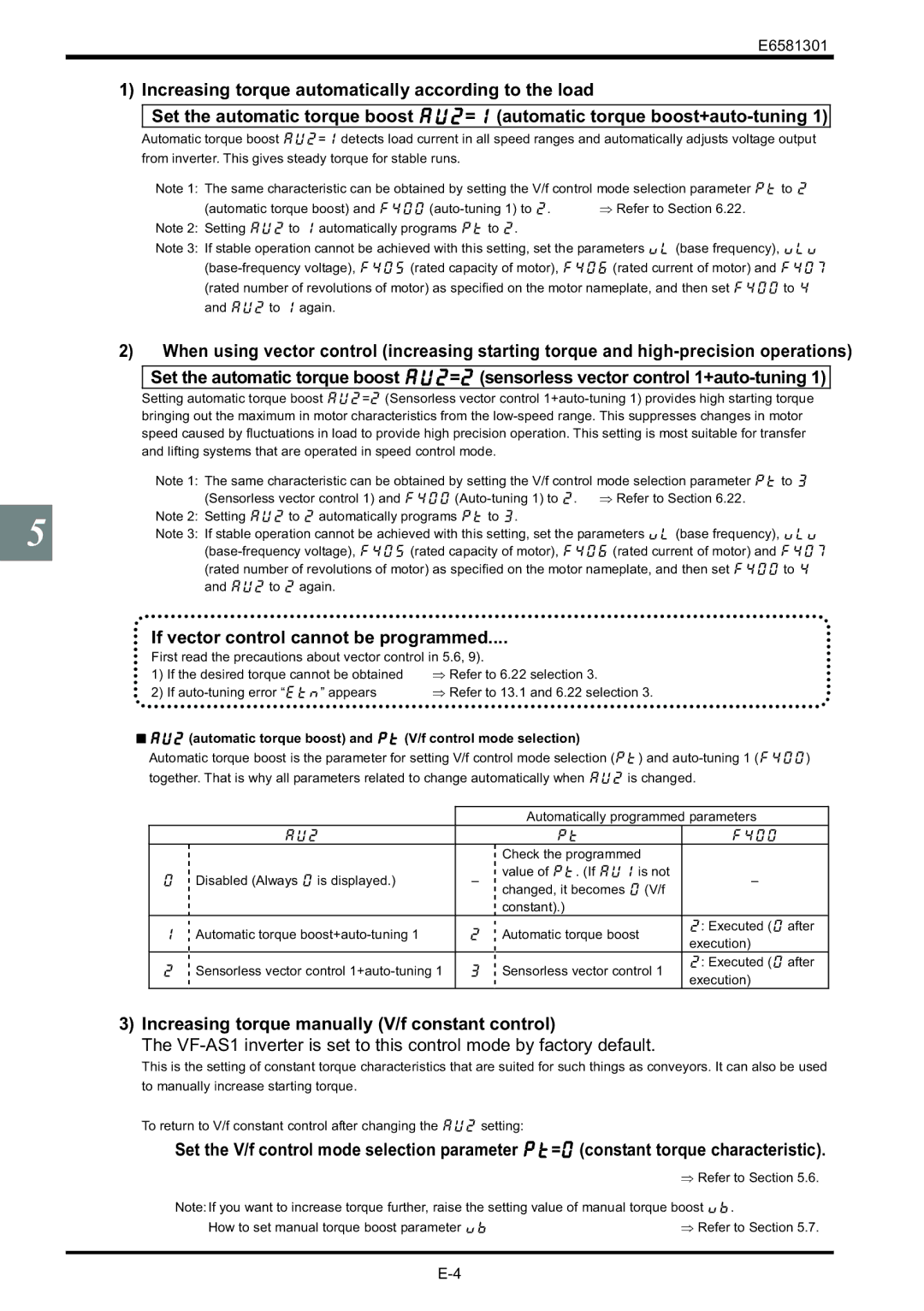 Toshiba VF-AS1 instruction manual If vector control cannot be programmed, Increasing torque manually V/f constant control 