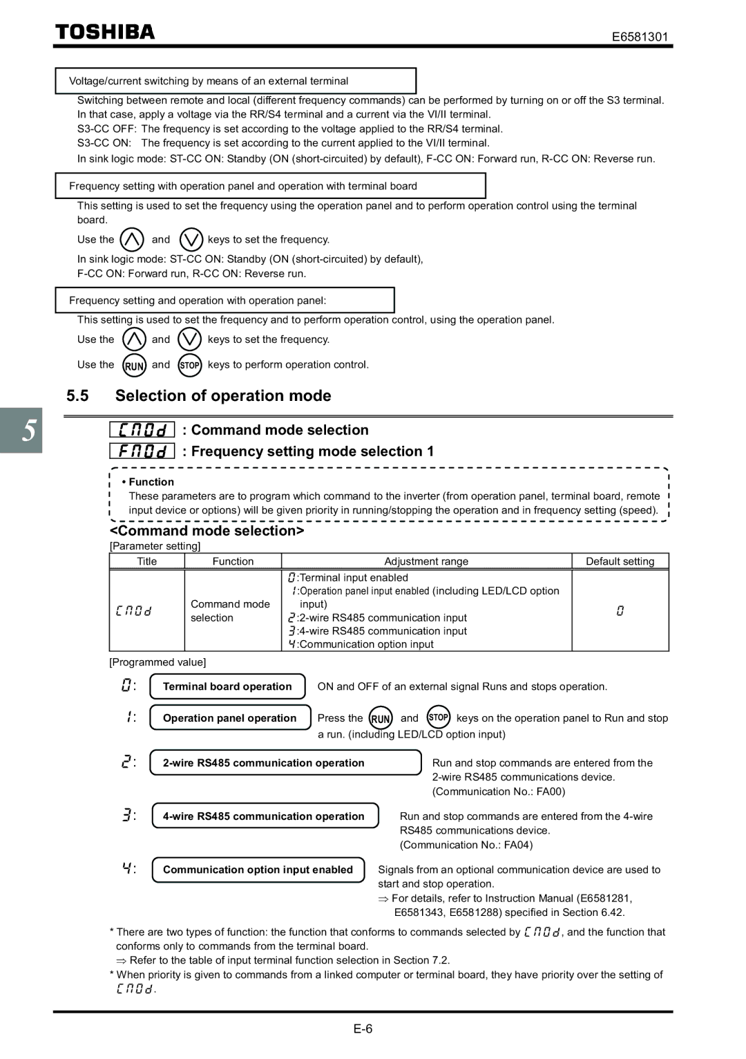 Toshiba VF-AS1 instruction manual Selection of operation mode, Command mode selection Frequency setting mode selection 