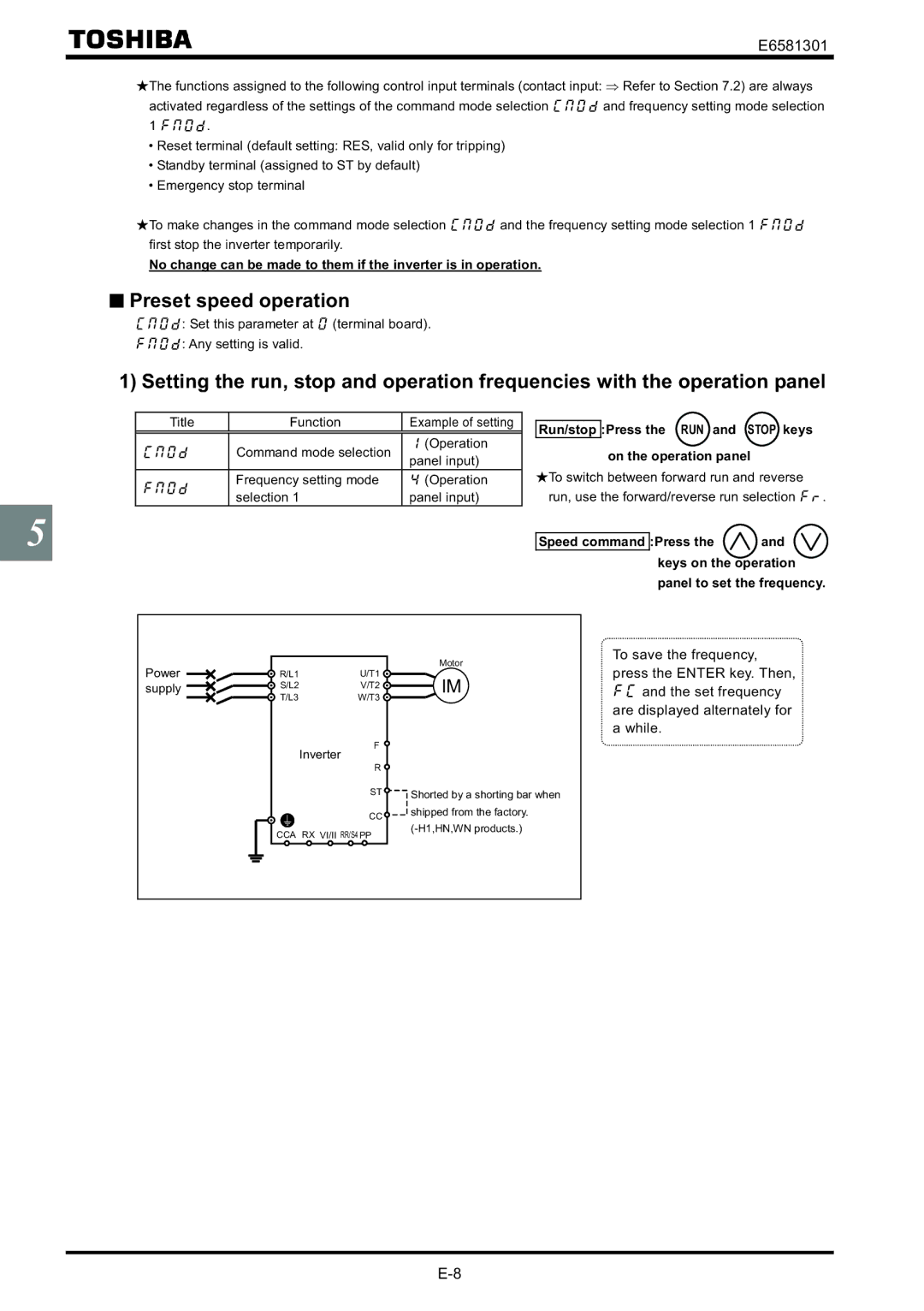 Toshiba VF-AS1 instruction manual Preset speed operation, Set this parameter at terminal board Any setting is valid 