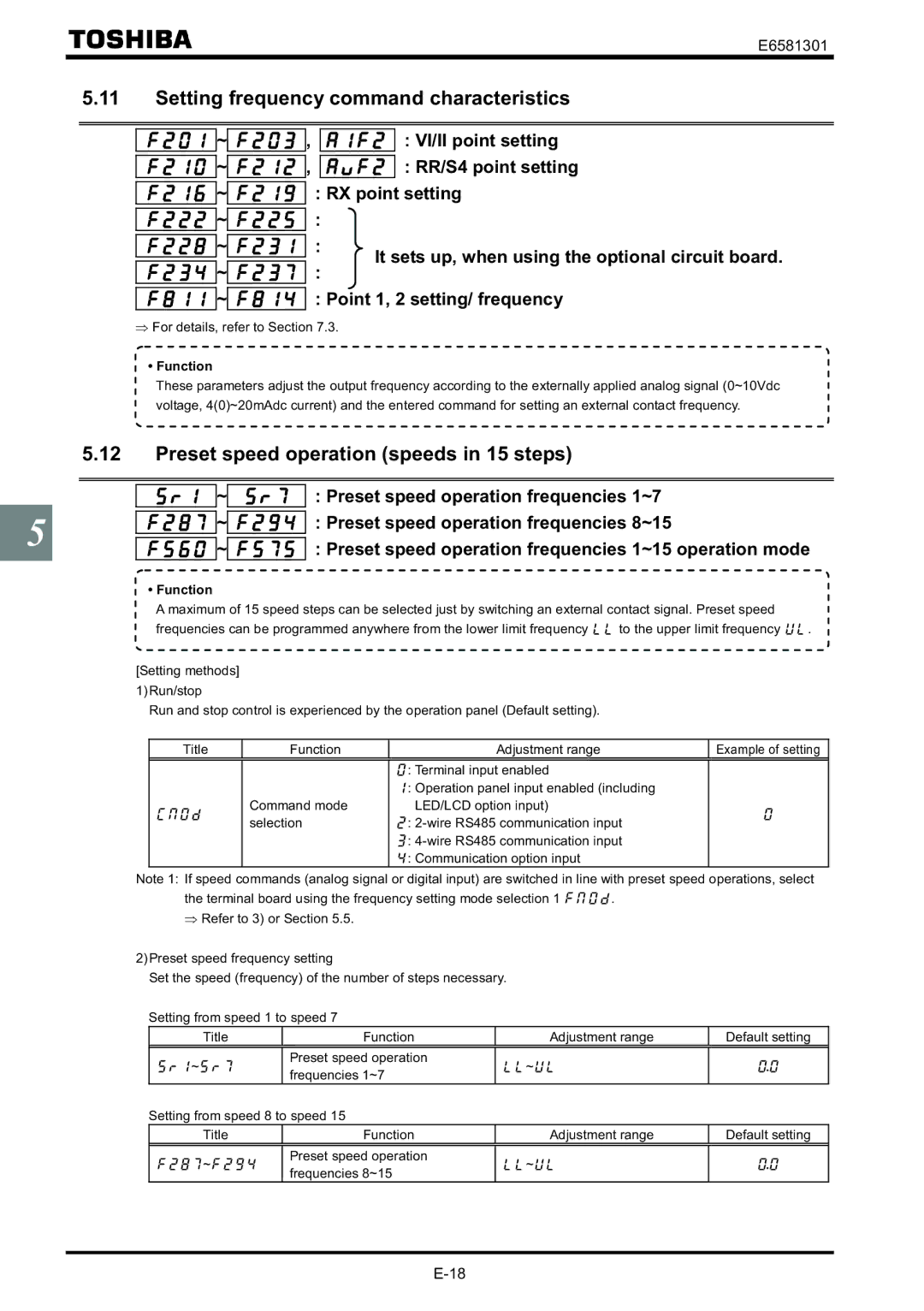 Toshiba VF-AS1 instruction manual Setting frequency command characteristics, Preset speed operation speeds in 15 steps 