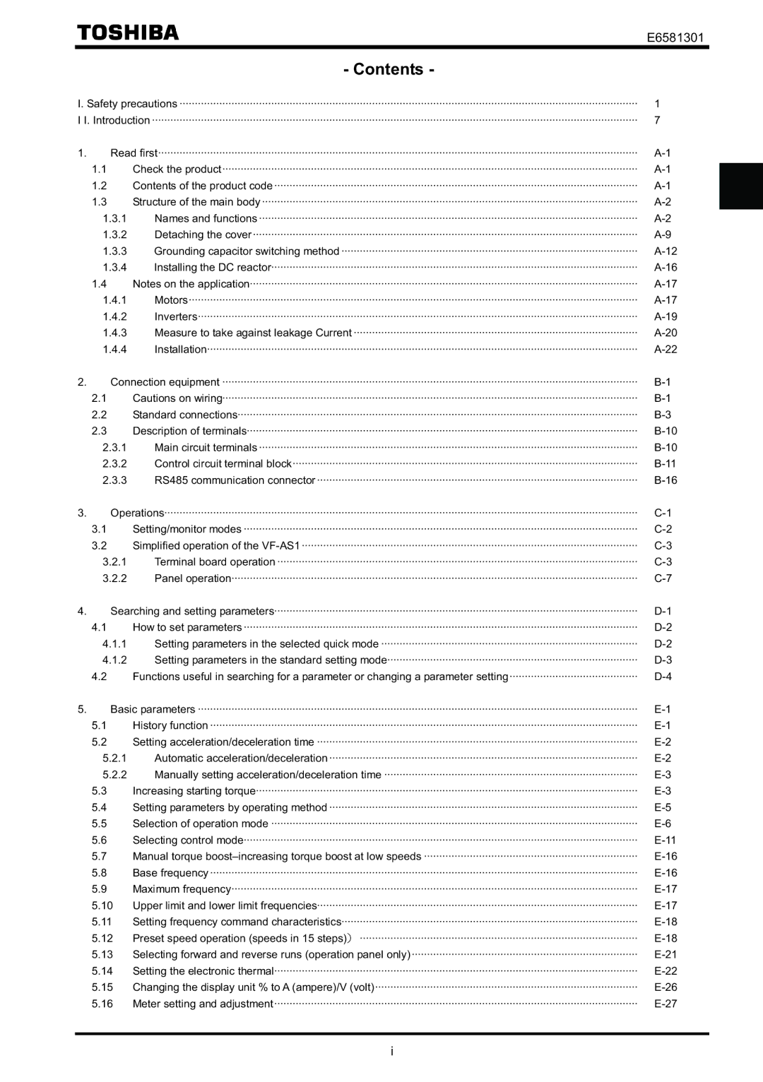 Toshiba VF-AS1 instruction manual Contents 