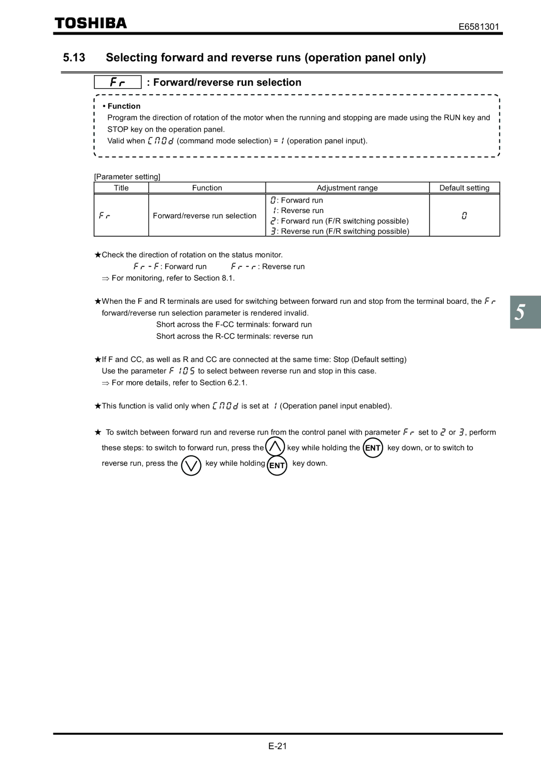 Toshiba VF-AS1 instruction manual Selecting forward and reverse runs operation panel only, Forward/reverse run selection 