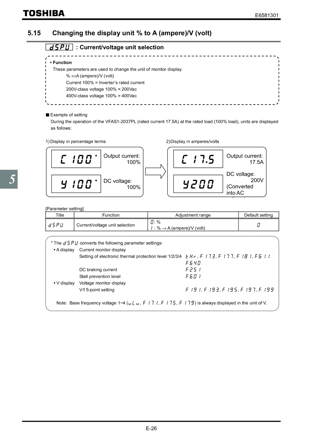 Toshiba VF-AS1 instruction manual Changing the display unit % to a ampere/V volt, Current/voltage unit selection 