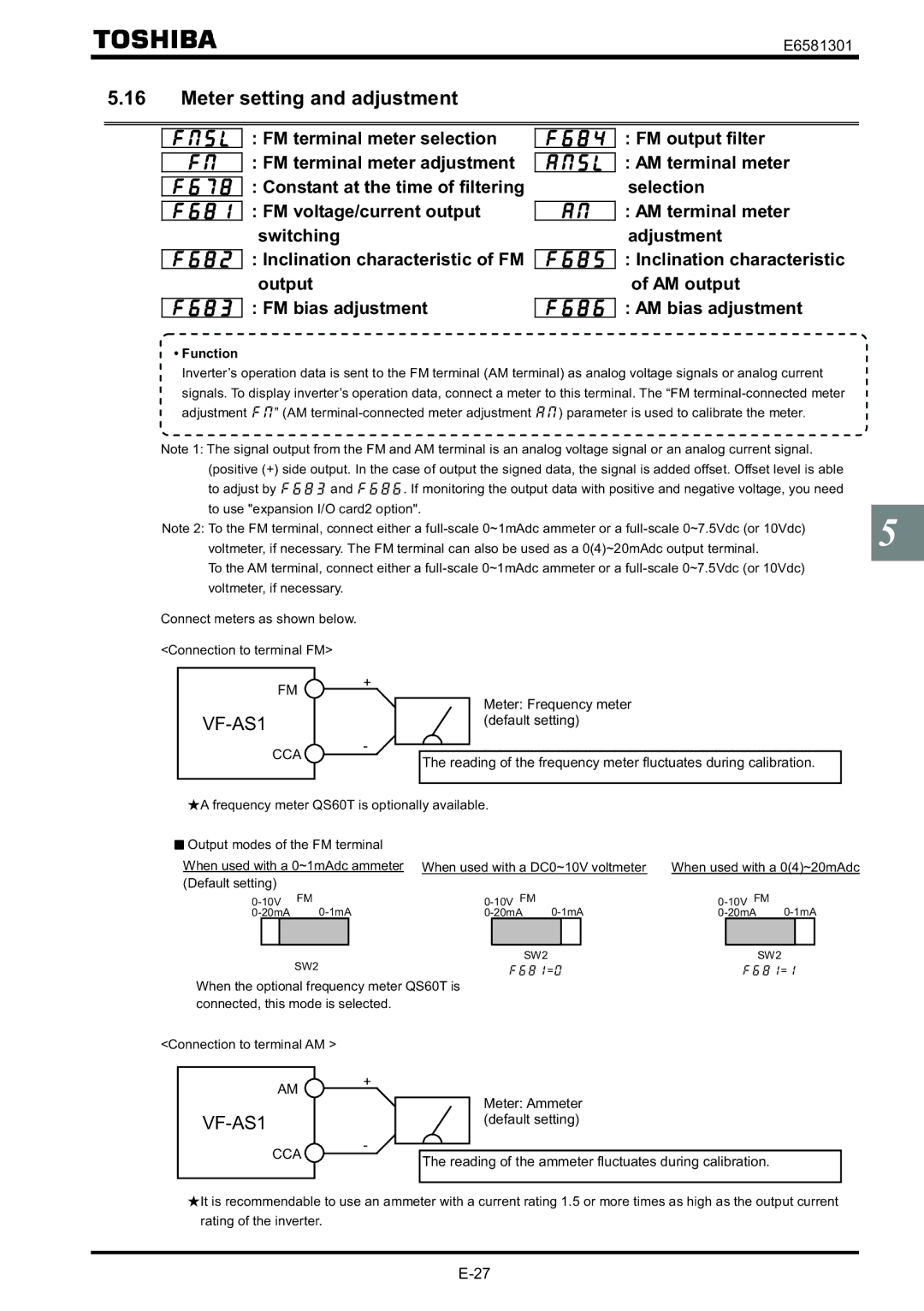 Toshiba VF-AS1 instruction manual Meter setting and adjustment 