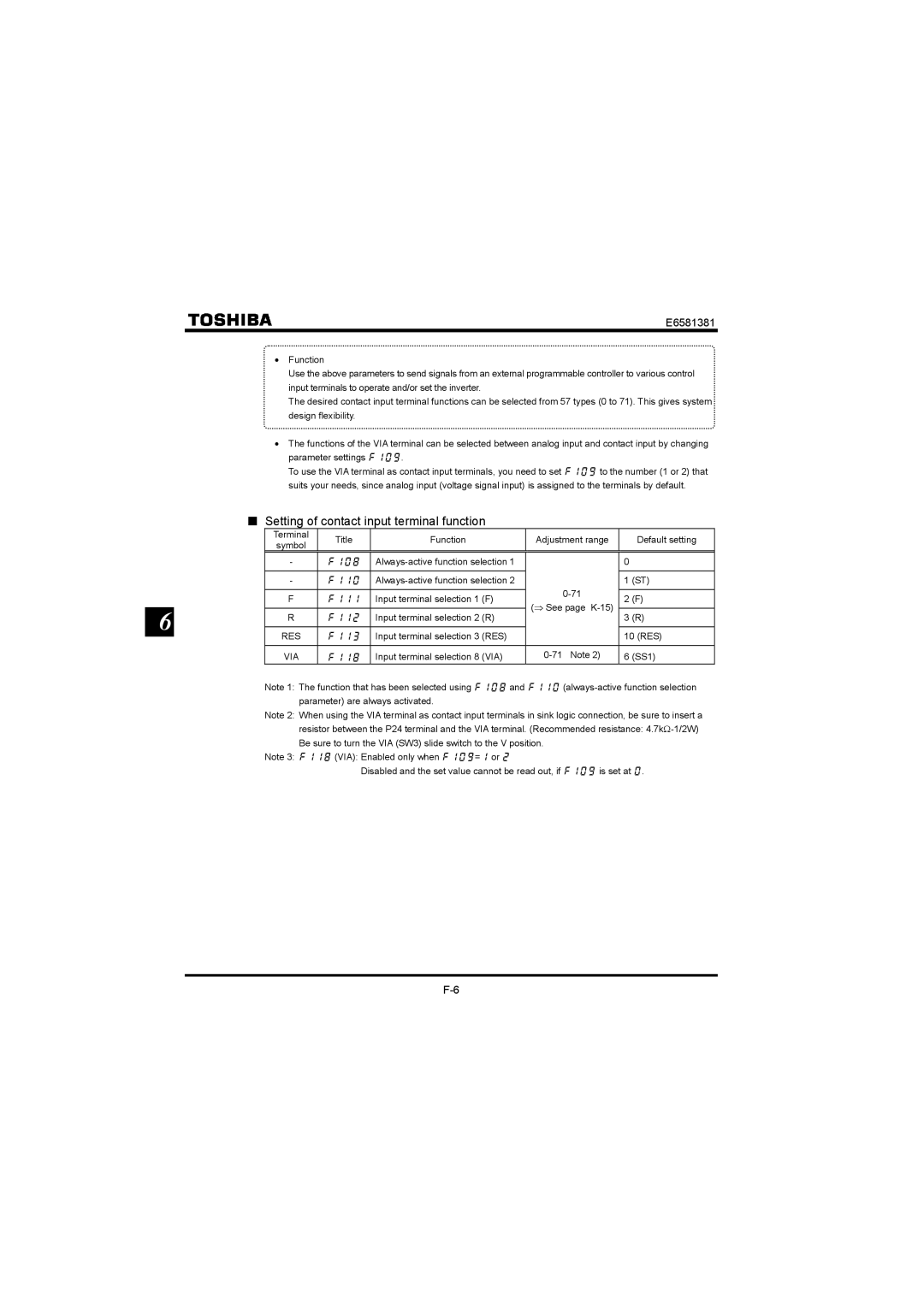 Toshiba VF-FS1 instruction manual Setting of contact input terminal function, Res 