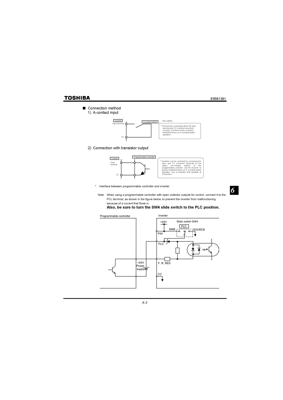 Toshiba VF-FS1 instruction manual Connection method 1 A-contact input, Connection with transistor output 