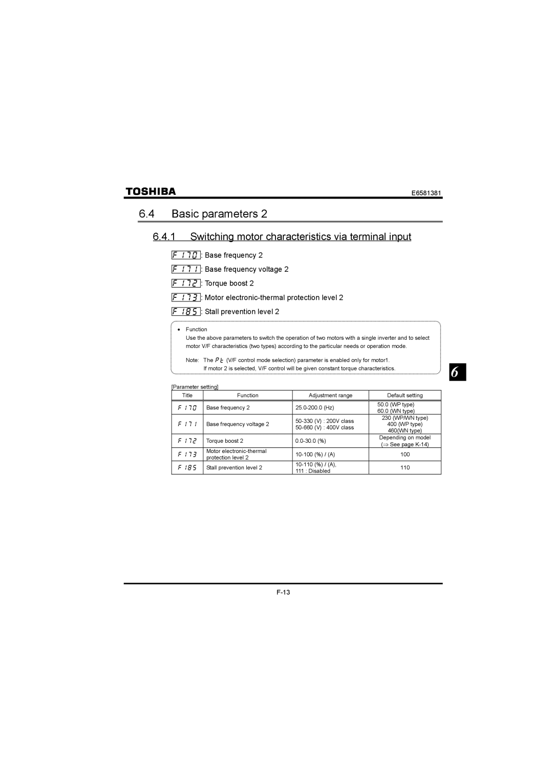 Toshiba VF-FS1 instruction manual Basic parameters, Switching motor characteristics via terminal input 