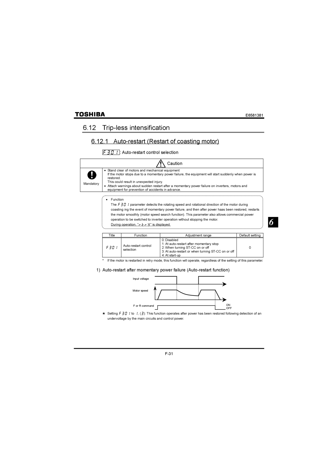 Toshiba VF-FS1 Trip-less intensification, Auto-restart Restart of coasting motor,  Auto-restart control selection 