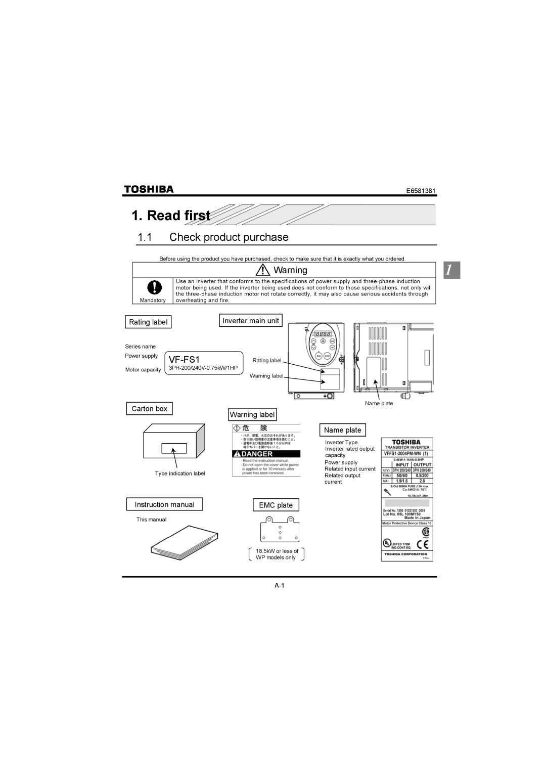 Toshiba VF-FS1 instruction manual Read first, Check product purchase 