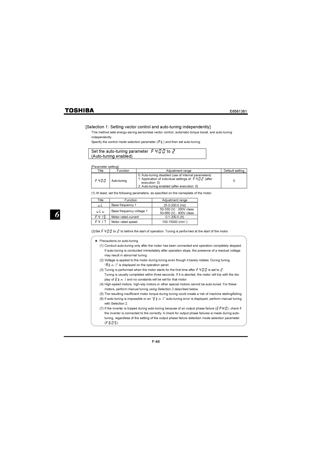 Toshiba VF-FS1 instruction manual Set the auto-tuning parameter H to  Auto-tuning enabled, Xnx 