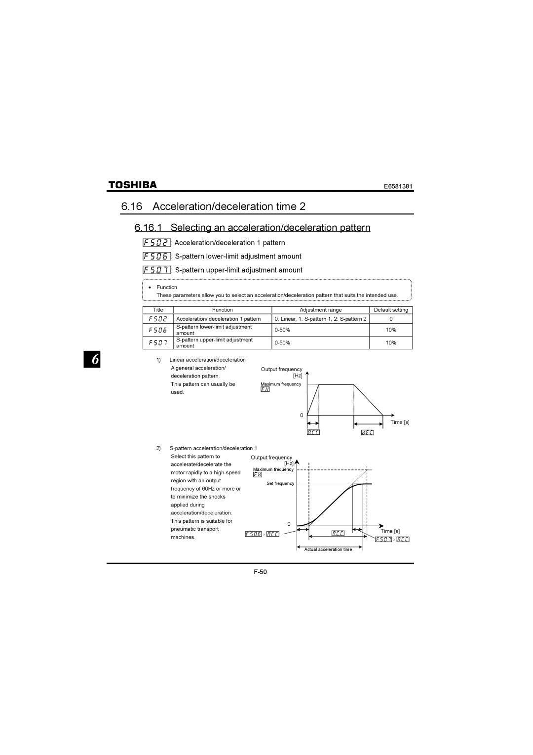 Toshiba VF-FS1 instruction manual Acceleration/deceleration time, Selecting an acceleration/deceleration pattern 