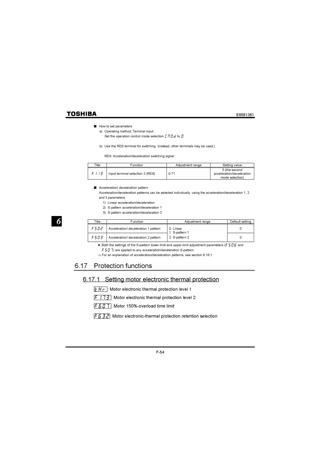 Toshiba VF-FS1 instruction manual Protection functions, Setting motor electronic thermal protection 