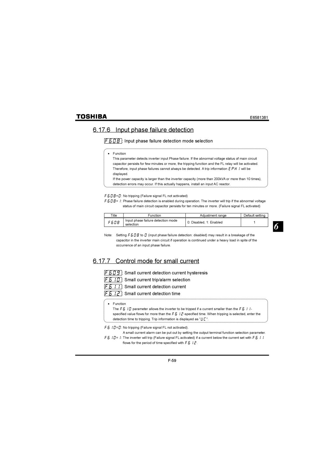 Toshiba VF-FS1 instruction manual Input phase failure detection, Control mode for small current 