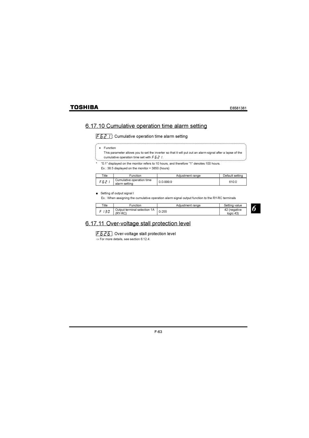 Toshiba VF-FS1 instruction manual Cumulative operation time alarm setting, Over-voltage stall protection level 