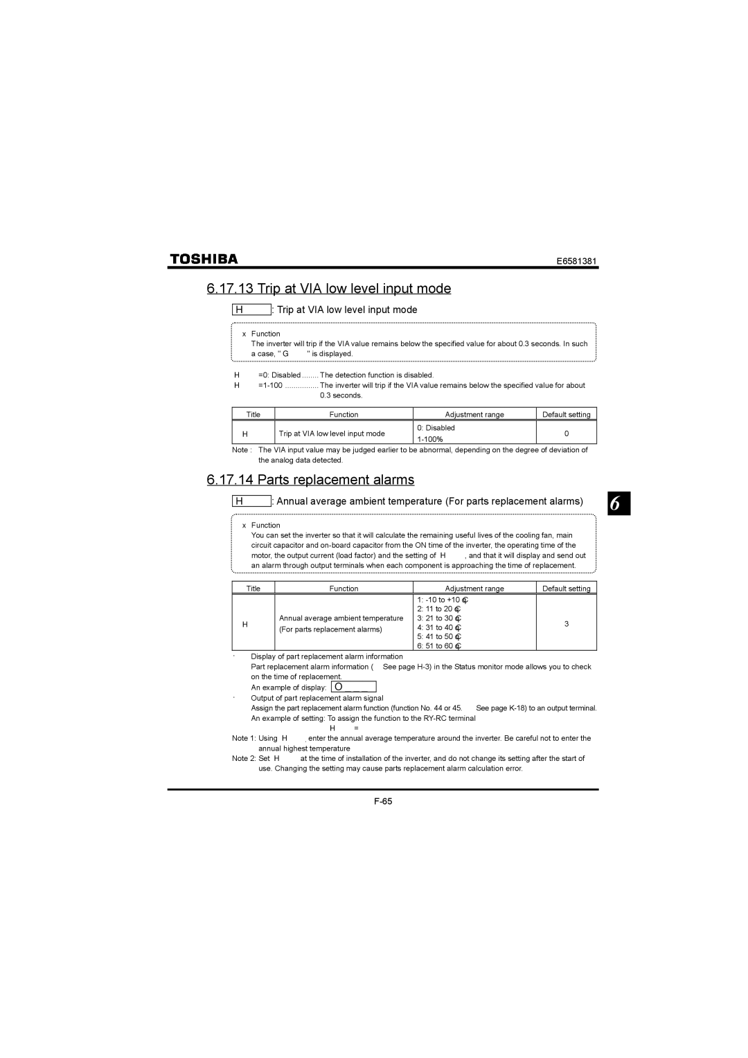 Toshiba VF-FS1 instruction manual Parts replacement alarms,  Trip at VIA low level input mode 