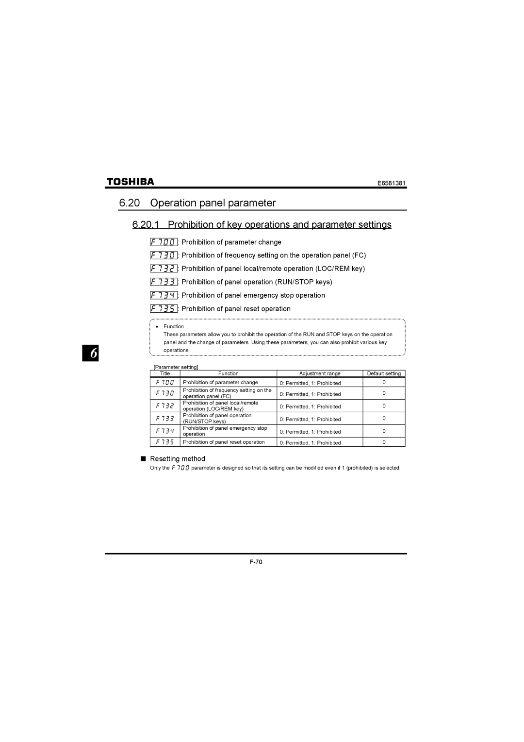 Toshiba VF-FS1 Operation panel parameter, Prohibition of key operations and parameter settings, Resetting method 