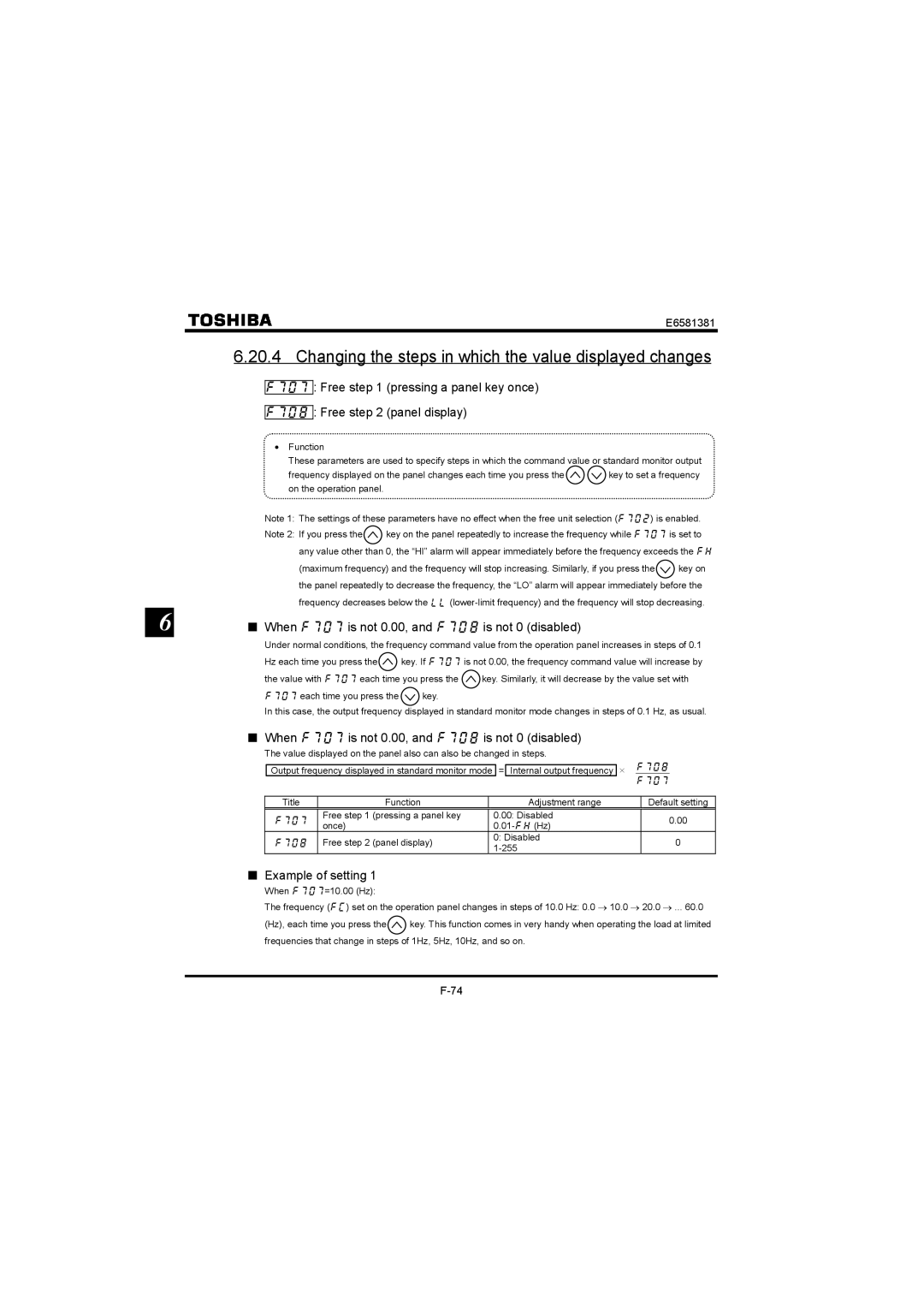 Toshiba VF-FS1 Changing the steps in which the value displayed changes, When H is not 0.00, and H is not 0 disabled 