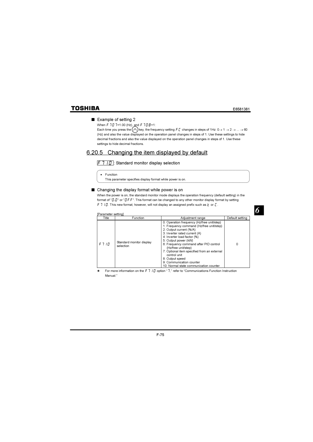 Toshiba VF-FS1 instruction manual Changing the item displayed by default,  Standard monitor display selection 