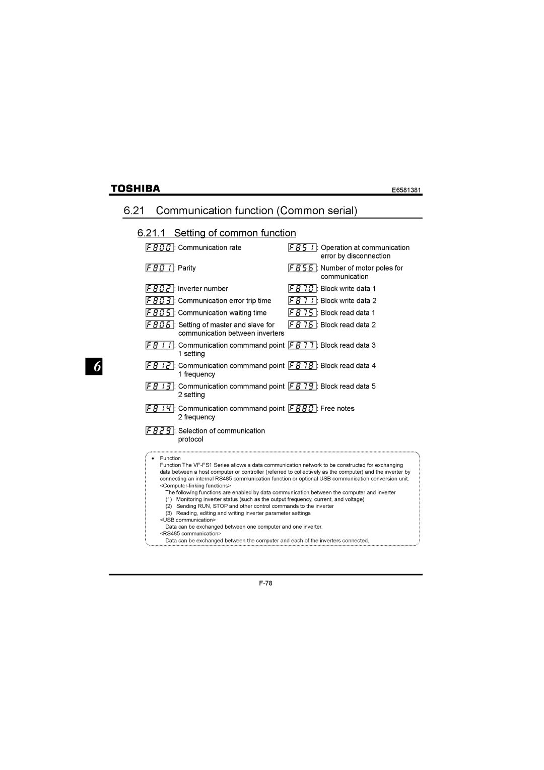 Toshiba VF-FS1 Communication function Common serial, Setting of common function,  Communication rate  