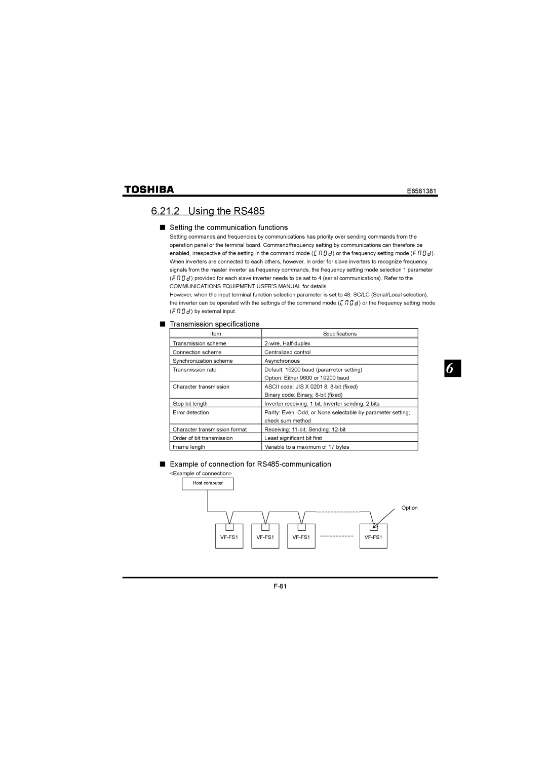 Toshiba VF-FS1 instruction manual Using the RS485, Setting the communication functions, Transmission specifications 