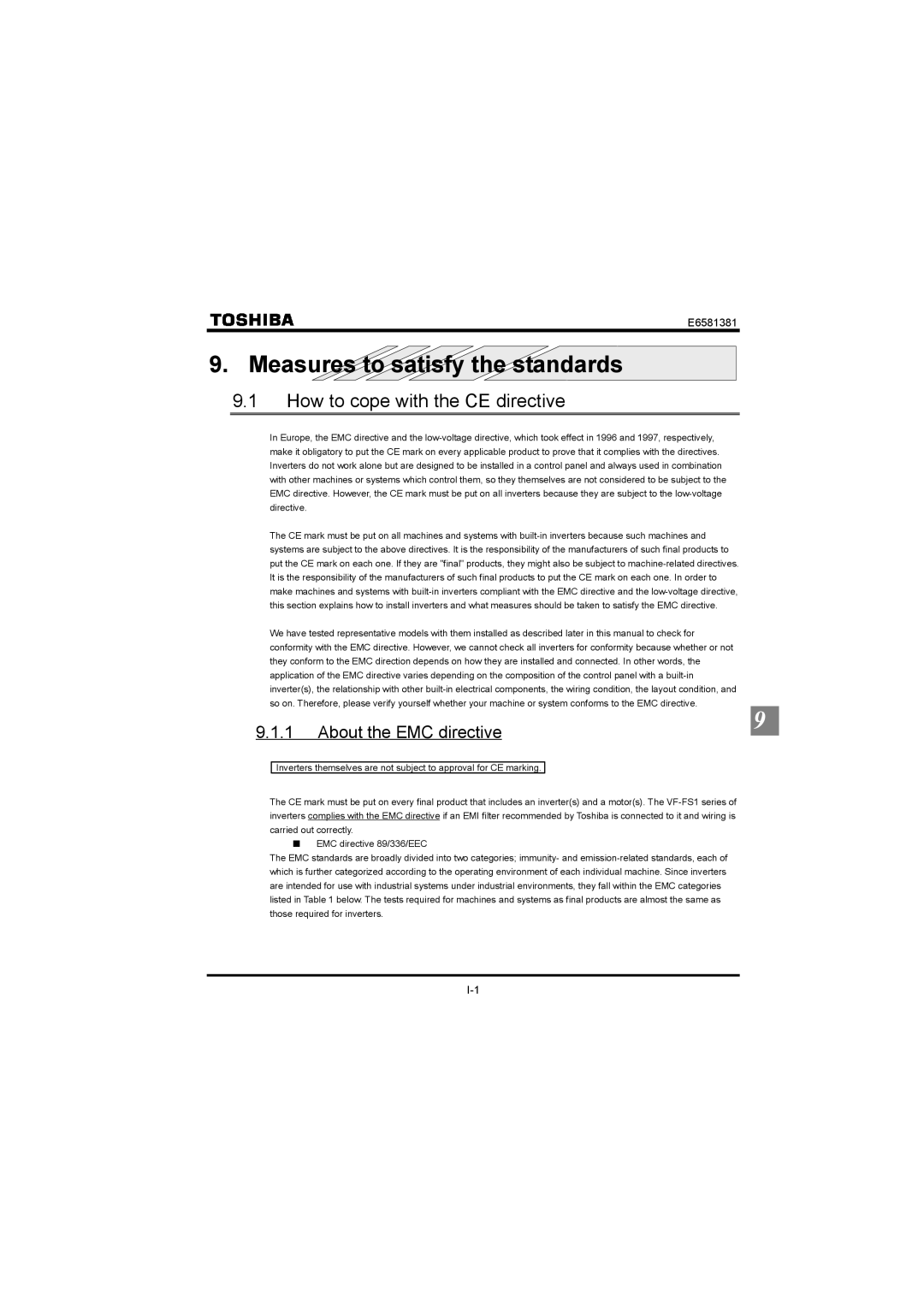 Toshiba VF-FS1 Measures to satisfy the standards, How to cope with the CE directive, About the EMC directive 