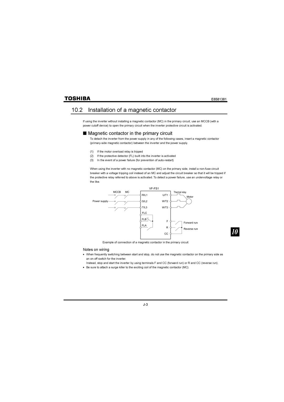 Toshiba VF-FS1 instruction manual Installation of a magnetic contactor, Magnetic contactor in the primary circuit 