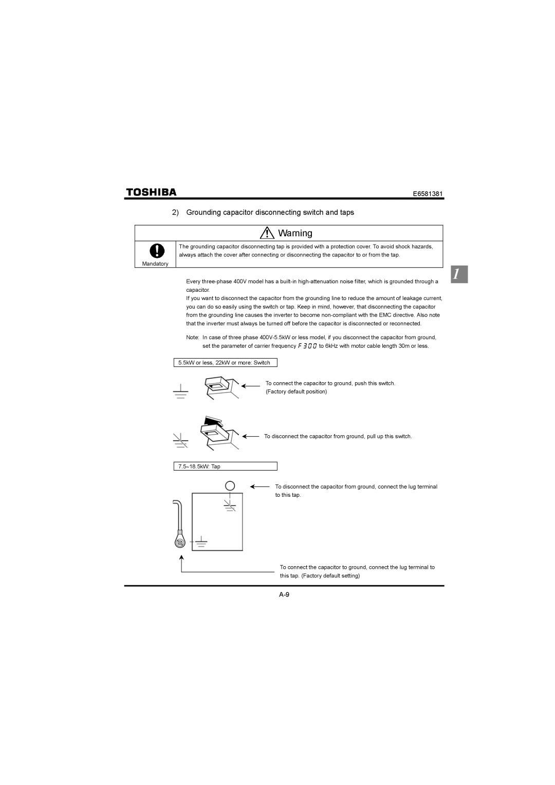 Toshiba VF-FS1 instruction manual Grounding capacitor disconnecting switch and taps 