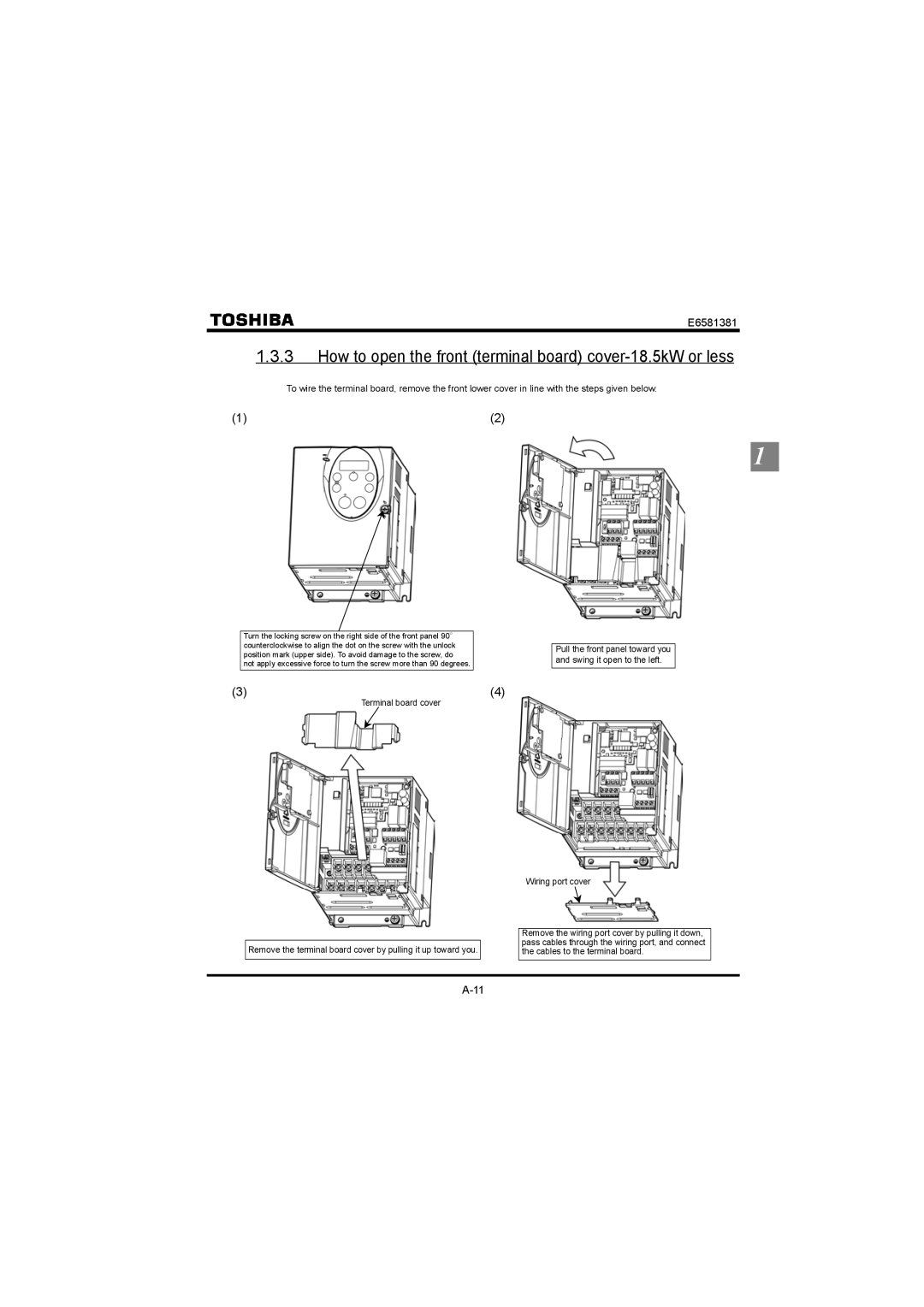 Toshiba VF-FS1 instruction manual How to open the front terminal board cover-18.5kW or less 