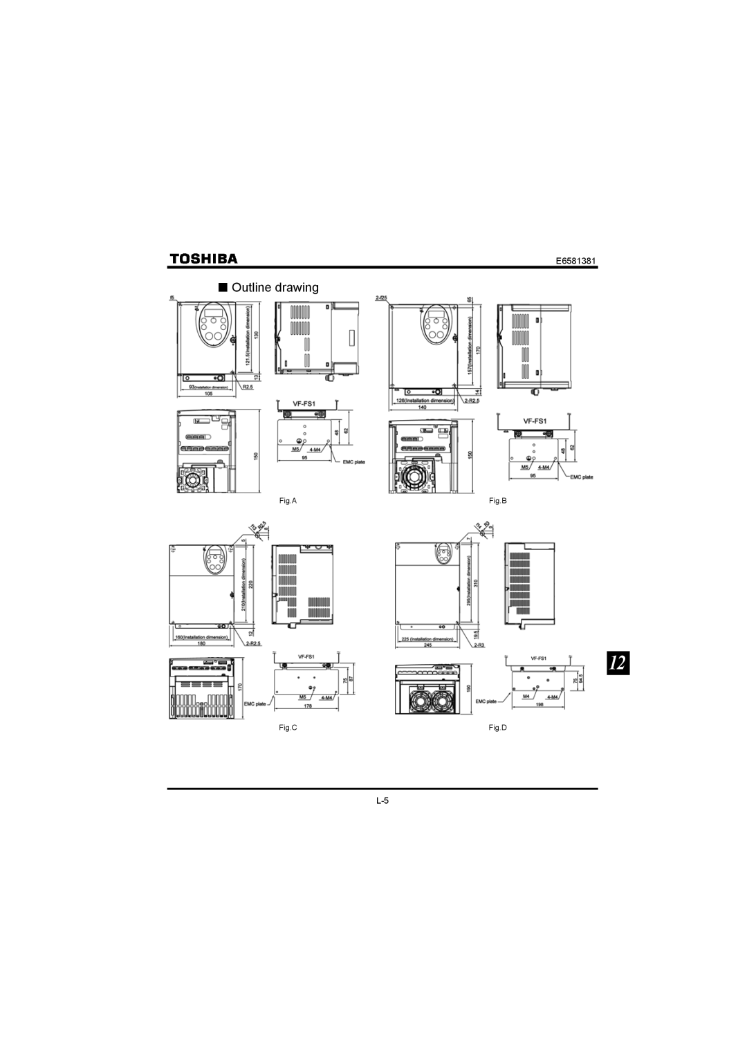 Toshiba VF-FS1 instruction manual Outline drawing, Fig.A 