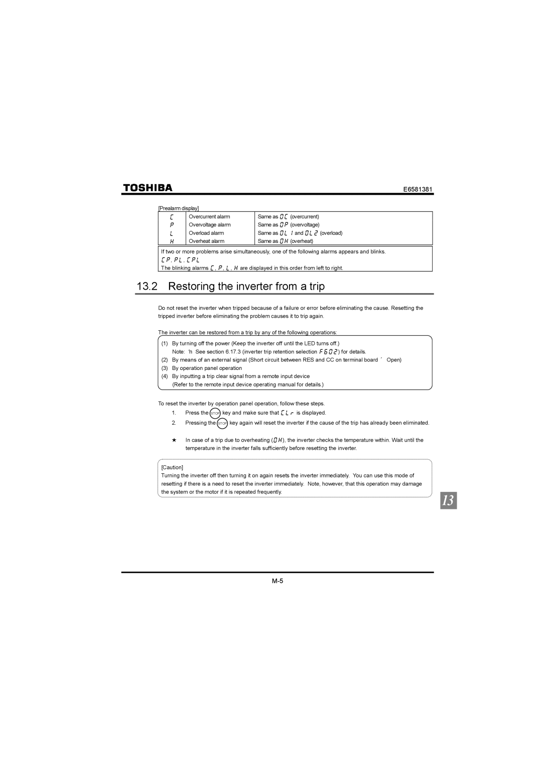 Toshiba VF-FS1 instruction manual Restoring the inverter from a trip 