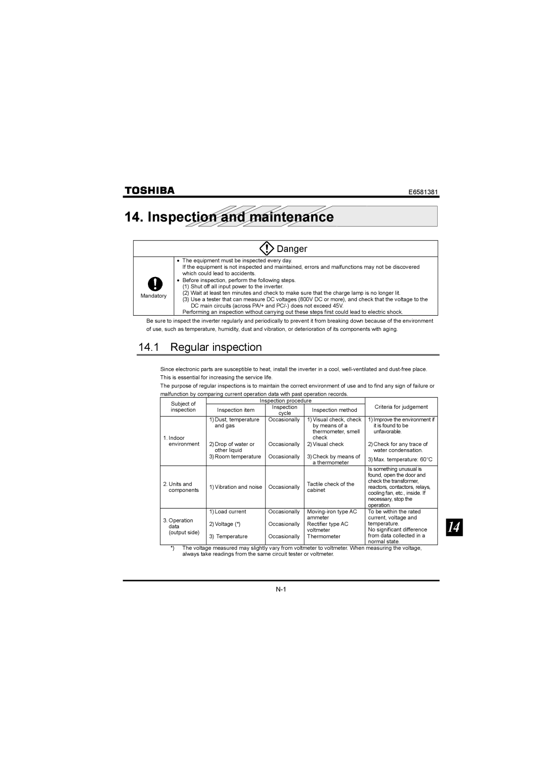 Toshiba VF-FS1 instruction manual Inspection and maintenance, Regular inspection 