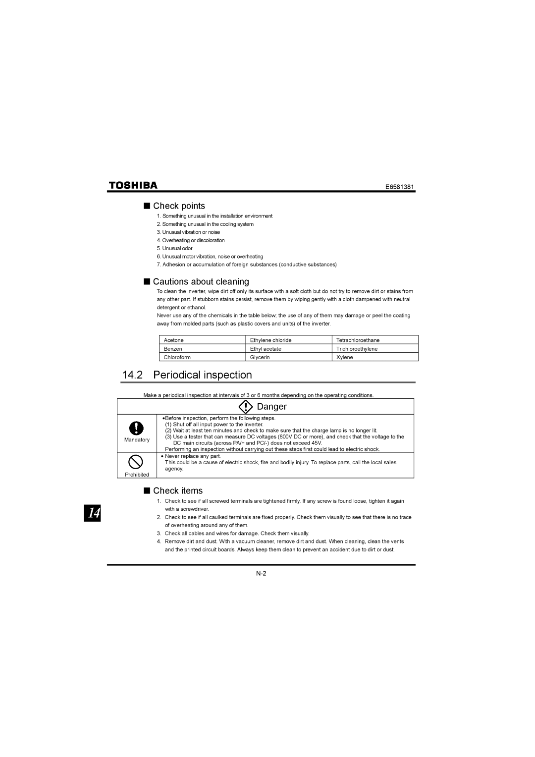 Toshiba VF-FS1 instruction manual Periodical inspection, Check points, Check items 