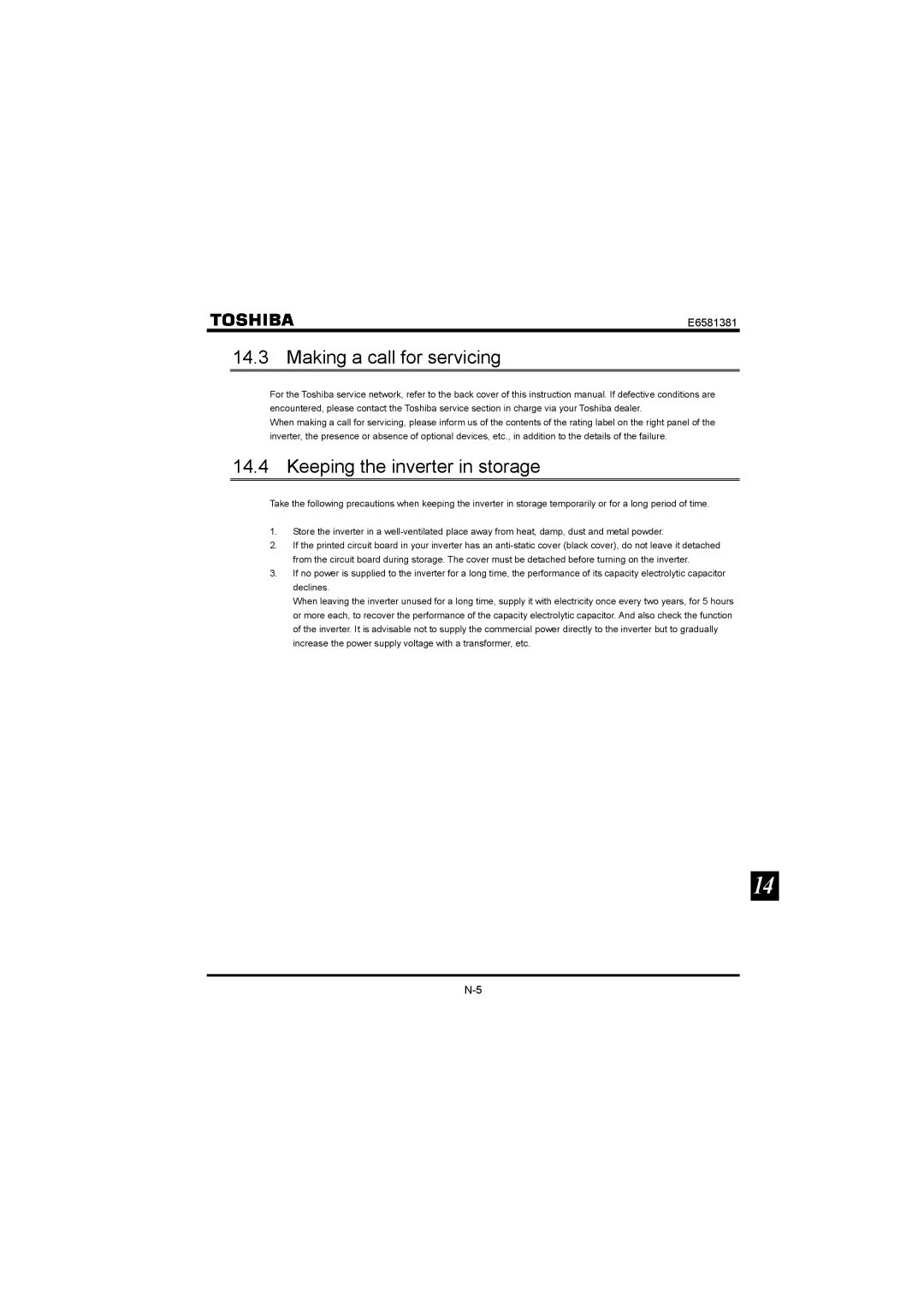 Toshiba VF-FS1 instruction manual Making a call for servicing, Keeping the inverter in storage 