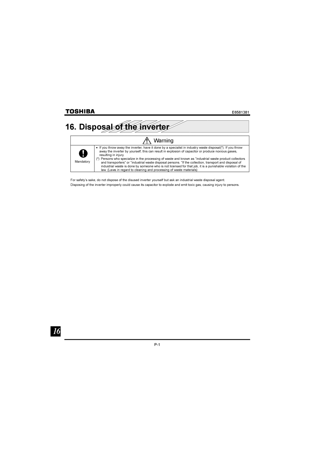 Toshiba VF-FS1 instruction manual Disposal of the inverter 